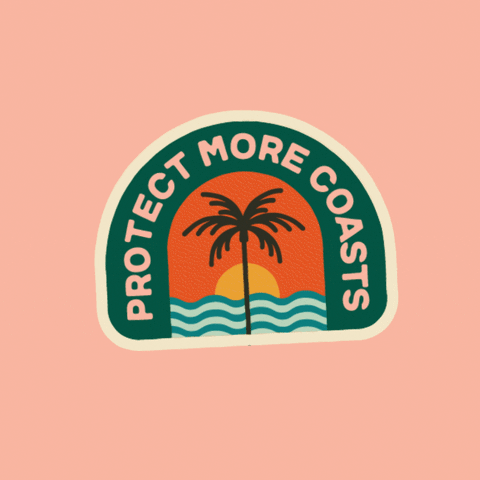 Digital art gif. Large sticker lifts one edge and puts it back down on a pink background. The sticker shows an image of an ocean behind a tall palm tree with the text "Protect more coasts."