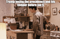 Movie gif. Fed up Joseph Gordon-Levitt as Tom in 500 Days of Summer grabs a plate from a drying rack and slams it into the counter, smashing it to pieces. Caption, “Trump losing the presidency and his temper before Jan 6.”
