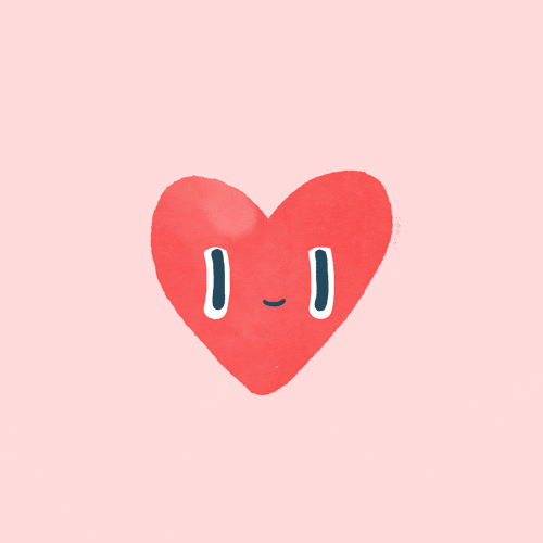 Illustrated gif. Red watercolor heart smiles and does a slow blink on a soft pink background.