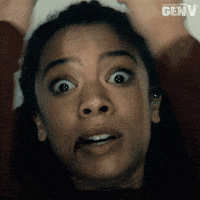 Sponsored gif. Marie Moreau from the Amazon Prime show Gen V looks terrified and puts her hands up in front of her face as if to protect herself.