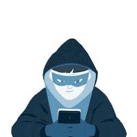 Digital art gif. Cartoon person wearing a dark hoodie and a mask over their eyes looks down menacingly at their smartphone with a smile. Text, in Polish, "Unusual messages from a friend? Check if they've been hacked."