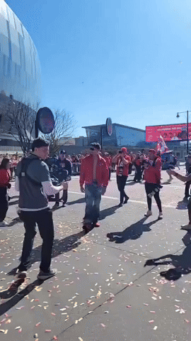 Shirtless Patrick Mahomes Greets Chiefs Fans at Super Bowl Parade