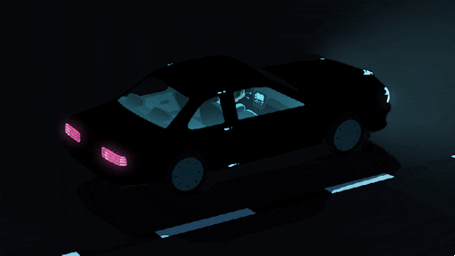 Digital art gif. Black race car cruises through the night as lights reflect off its paint.