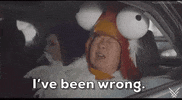 Video gif. Actor Ken Jeong is wearing a comical chicken costume with big round eyes on the top of his head. He is distressed and his eyes are closed as he shouts, "I've been wrong." as the caption at the bottom of the gif reads.