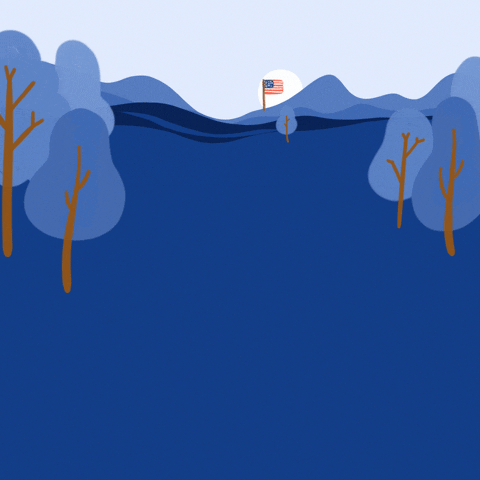 Text gif. Park landscape with grass and trees and mountains all colored cobalt blue, a winding path appearing a leading all the way to a flag of the United States, small in the distance. Text, "Fix the pathway to citizenship."