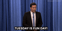Tonight show gif. Jimmy Fallon stands in front of his blue curtain and says uncertainly, "Tuesday is a fun day!," which appears as text. He moves his arms up and down, as if he's weighing his options.