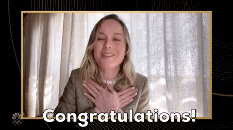 Celebrity gif. Brie Larson crosses her palms over her heart and says, "Congratulations," before smiling and blowing a kiss.