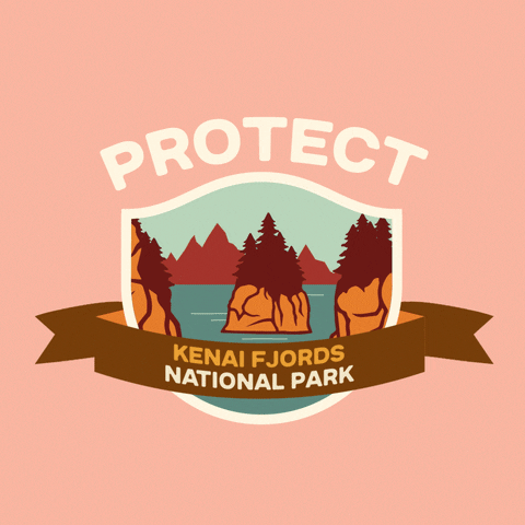 Digital art gif. Inside a shield insignia is a cartoon image of several small islands in a large body of water, each island covered in a thick layer of pine trees. Text above the shield reads, "protect." Text inside a ribbon overlaid over the shield reads, "Kenai Fjords National Park," all against a pale pink backdrop.