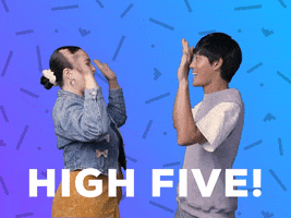 Video gif. Woman and man in profile do a double high five as a graphic of an explosion bursts when their hands touch. They are both open mouth smiling against a blue-purple confetti background. Text, "High five!'