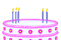 Sticker gif. Cute mouse wearing a backwards baseball cap pokes its head out of a birthday cake decorated with pink flowers and five burning candles against a transparent background.