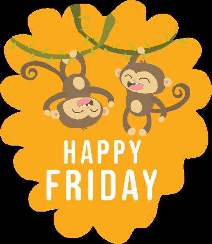 Digital illustration gif. Two monkeys smile and hang from vines, alternating back and forth between who gets to hang upside down next. Text, "Happy Friday."