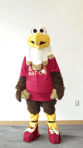 Video gif. Bridgewater College Eagle mascot looks at us and holds out two big thumbs up.