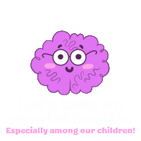 Illustrated gif. Lilac colored brain personified with glasses and smile stretches its arms up and out, unleashing rainbows of pink and purple hearts. White and lilac text on a transparent background reads, "Let's take on mental health. Especially among our children!"