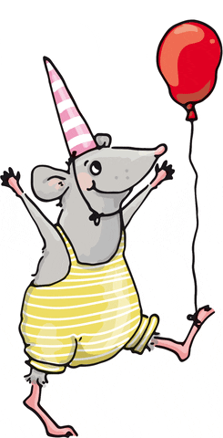 Digital illustration gif. Mouse in a vintage yellow and white striped bathing suit and a pink party hat balances on one leg, looking up happily at a floating red balloon that is tied to his toes. 
