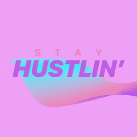 Text gif. The words "stay hustlin'" appear in front of a wavy pink, blue and purple animation.