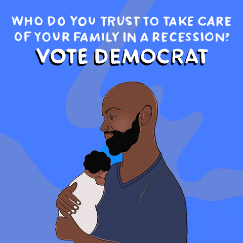 Illustrated gif. Young Black man tenderly holding a tiny baby on a blue wavy color block background. Text, "Who do you trust to take care of your family in a recession? Vote Democrat."