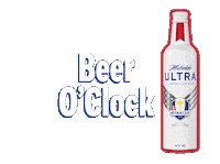 Sponsored sticker gif. Bottle of Michelob Ultra beer slides into view from the left. White text appears to the left of the bottle as it stops. Text reads, “Beer o’clock.”