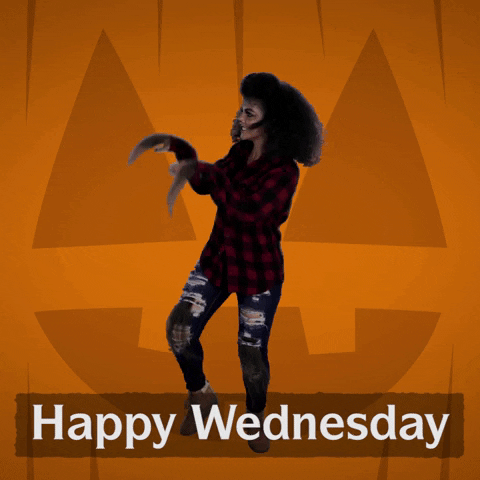 Video gif. Woman wearing plaid shirt and ripped jeans, with werewolf-like tufts of fur on her hands, face, and knees, standing like a dog on its hind legs, swinging her arms side to side while stomping her feet. Two identical versions of herself emerge on either side of her, all against a jack-o-lantern face background. Text, "Happy Wednesday."