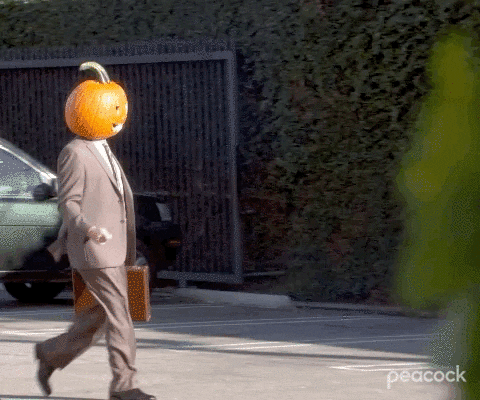 The Office gif. Creeping from behind a bush, we make eye contact with Dwight as he walks towards his car with a jack-o-lantern on his head.