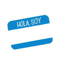 Digital art gif. Blue and white name tag sticker against a transparent background. The name tag reads, “Hola, Soy, #MailReady.”