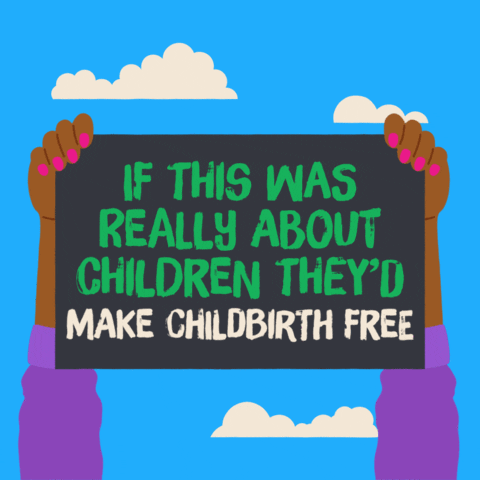 Digital art gif. Illustration of two hands holding up a gray sign that reads, "If this was really about children, they'd raise teacher's pay, make childbirth free, pass gun laws, improve childcare, pass paid leave," against a background of a blue sky with clouds.