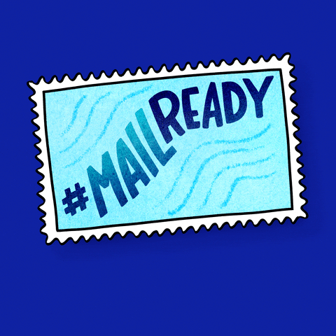 Digital art gif. Blue and white rectangular stamp dances against a dark blue background. Text, “#MailReady.”