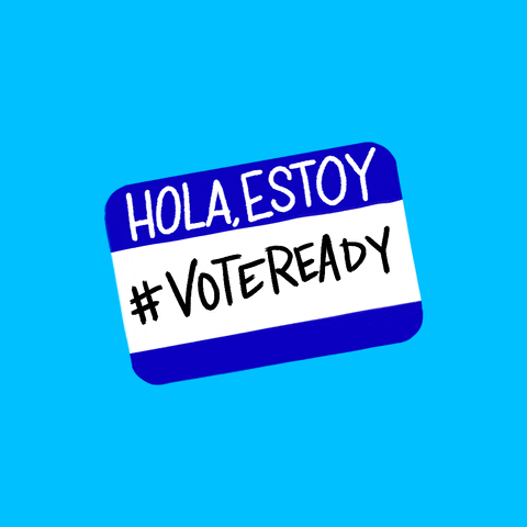 Digital art gif. Blue and white name tag sticker rocks back and forth over a light blue background. The name tag reads, “Hola, Estoy, #VoteReady.”