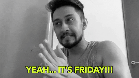 Text gif. Digital Pratik rubs his hands together vigorously in anticipation, preparing for what he is going to do next. Text, “Yeah… it’s Friday!!!”