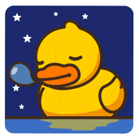 Digital illustration gif. Yellow duck sleeps as it bobs in the water, blowing a drool bubble in and out with each breath as Zs appear next to stars that twinkle in the night.