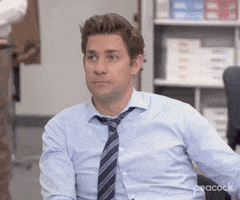 TV gif. John Krasinski as Jim Halpert in The Office sits at his desk and looks directly at the camera with a dead, tired look on his face. He shakes his head disapprovingly. 