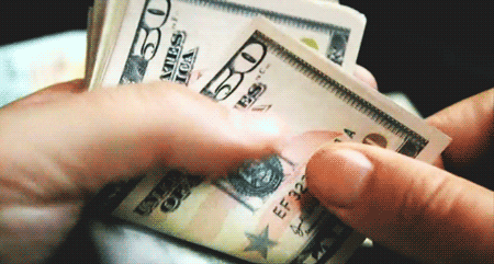 Video gif. Close-up of a hand counting out fifty-dollar bills.