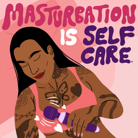 Digital art gif. Woman with tattoos wearing a pink sports bra on a pink background holds a purple vibrator that vibrates out hearts. Text, "Masturbation is self care."