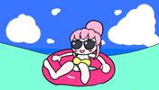 Kawaii gif. A woman with pink hair smiles as she lays in an inner tube floating in the ocean. The waves bounce her up and down. 