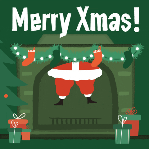 Illustrated gif. A mantle decorated with stockings and lights and gifts, a Christmas tree beside, and Santa Claus's lower half dangling out of the chimney, into the dormant fireplace. Text, "Merry Xmas!"