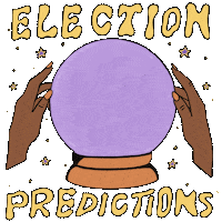 Digital art gif. Two hands reach out to a magic crystal ball surrounded by stars labeled “Election Predictions” against a transparent background. Inside the crystal ball appears the message, “We will vote, we will win, they will be sore losers.”
