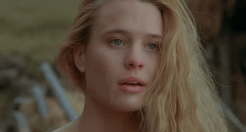 Movie gif. Robin Wright as Buttercup in Princess Bride dips her head inquisitively. Text, "Please"