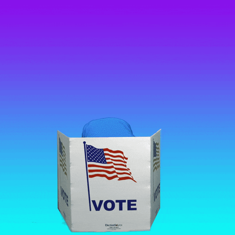 Video gif. Young man with a shirt reading "voter" jumps out of a voting booth in an explosion of confetti on a purple to cyan gradient background, hands in the air, smiling and cheering. Text, "Vote."