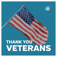 Text gif. An American flag waves in the wind and a blue compass is in the right corner. Text, “Thank you veterans.”