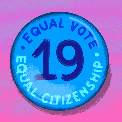 Digital art gif. Shiny blue button pin, inside of which is a large blue "nineteen" and the words "equal vote, equal citizenship," rotating around the outside of the button in a circle.