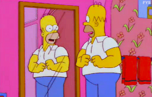 The Simpsons gif. From the episode "King of the Hill", a proud Homer flexes in front of a mirror, and his biceps rip the sleeves of his shirt.