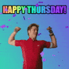 Movie gif. Brad Pitt as Chad in Burn After Reading dances as he tosses his hands in the air. Animated confetti falls around him as rainbow text flashes above. Text, "Happy Thursday."