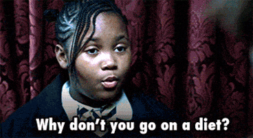 Movie gif. Maryam Hassan as Tomika in School of Rock blankly asks Jack Black as Dewey, "Why don't you go on a diet?" and Dewey responds, "because, I like to eat."
