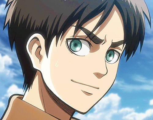 the main character from Attack on Titan, Eren Yeager smiling with the sky behind him