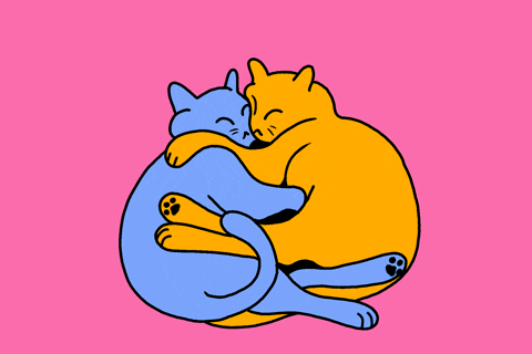 Digital art gif. Two cats, one blue and one orange, are hugging face to face and their tails lazily wag in comfort while hearts pop out between them.