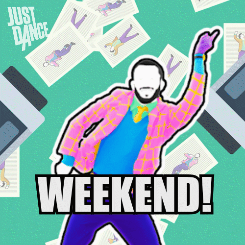 Digital art gif. Two men from Just Dance are dressed in neon suits and are doing the disco finger. Polariods of themselves flash in the background. Text reads, "Weekend!"