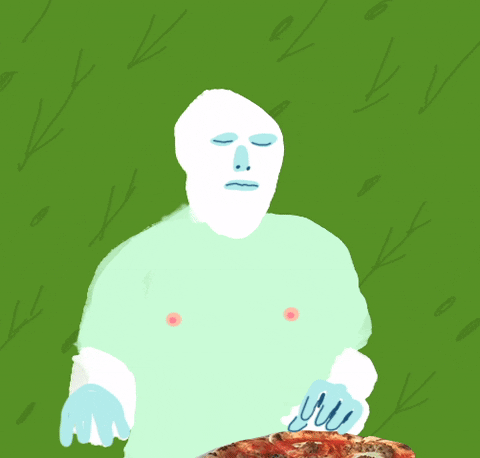 Illustrated gif. White cartoonish figure, with icy blue facial features and hands, picks up a slice of pizza and takes a luxuriant bite.