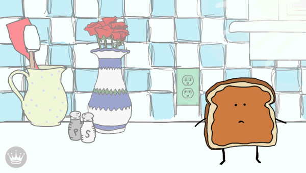 Illustrated gif. Slice of bread with peanut butter and a face, arms, and legs looks around as it stands on a kitchen counter. A slice of bread with grape jelly pokes its shoulder with a smile and then jumps on top of the peanut butter slice to make a PB and J sandwich. Hearts float above the sandwich. Text, “It’s nice to find your other half.”