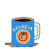 Digital art gif. Blue mug full of coffee featuring a peach labeled “Georgia” rests over a transparent background. Steam rising from the mug reveals the message, “Vote early.”