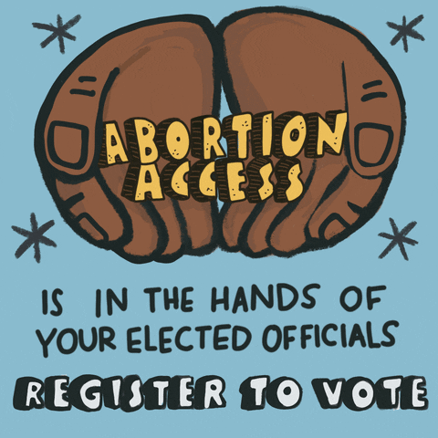Digital art gif. Two brown hands open up over a light blue background as the following phrases appear over them, “The Economy, Climate, Abortion Access, LGBTQ Rights, Health Care" followed by the text, “Is in the hands of your elected officials. Register to vote."