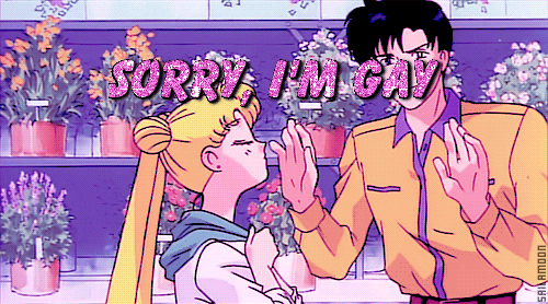 Anime gif. In a romantic boutique, Sailor Moon puckers up for a kiss with Mamoru Chiba, but he holds up his hands and backs out of view. In a glittering, hot pink font, text reads, "Sorry, I'm gay."